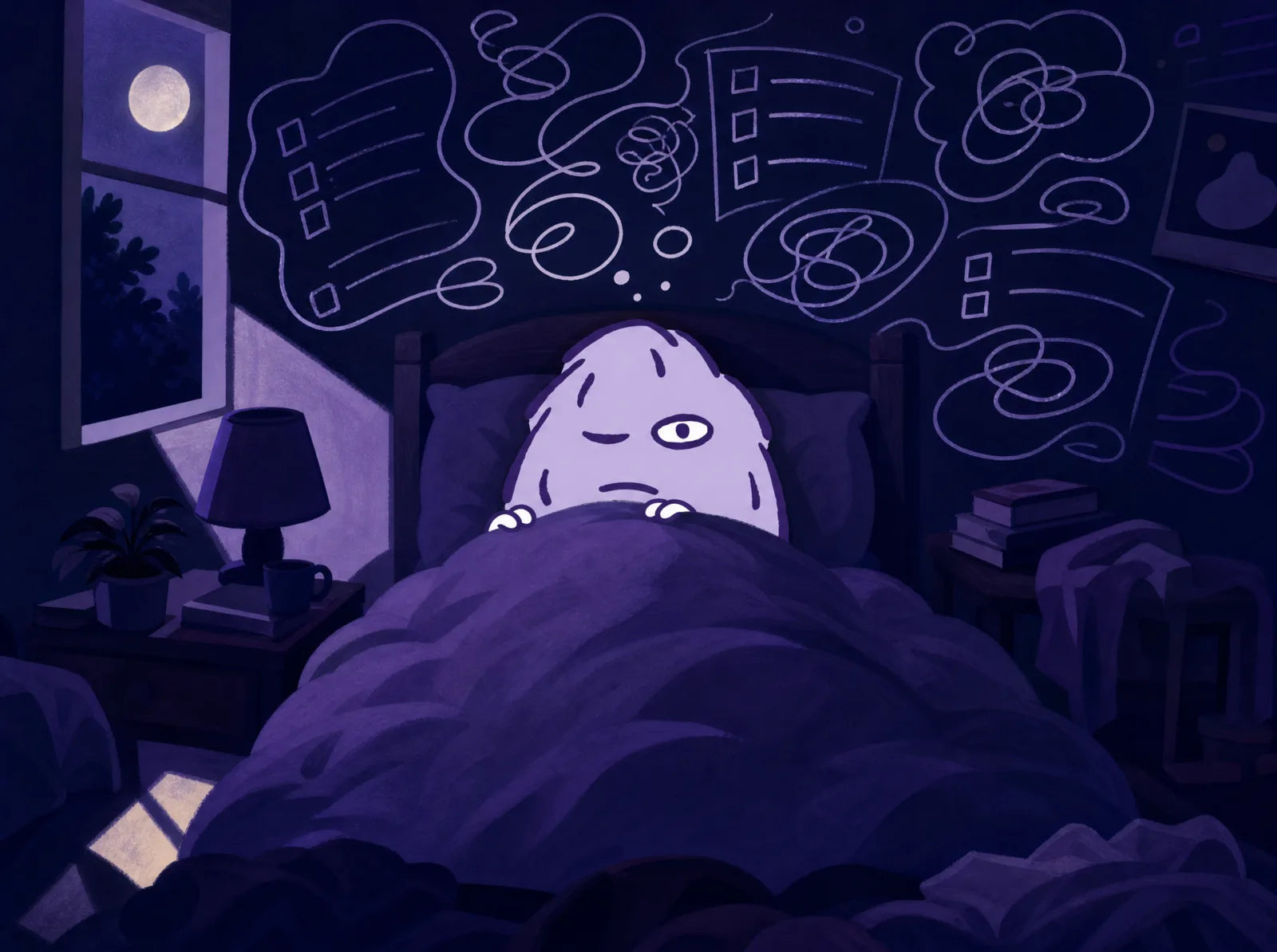 The Winks mascot lying awake in bed with a busy mind