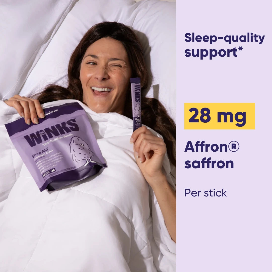 Winks sleep-quality support: 28 mg Affron® saffron per stick. Studies tested the ingredient, not Winks.