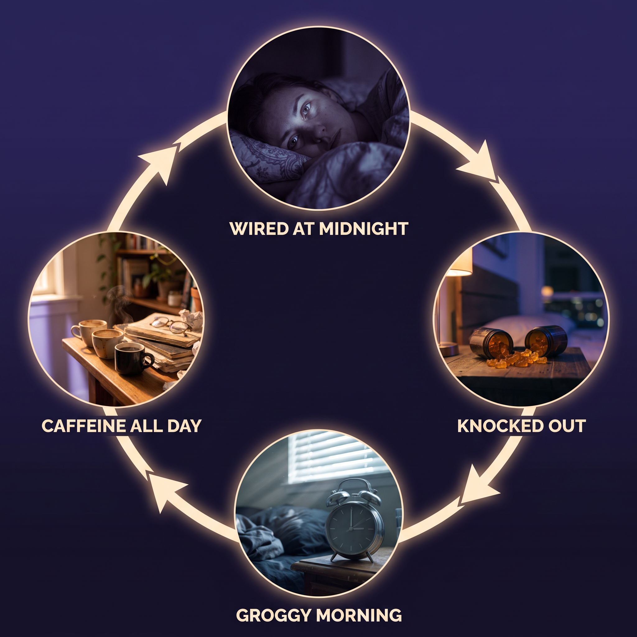 A circular vicious-cycle photograph: a woman wide awake at midnight, a spilled melatonin gummy jar, a ringing alarm at dawn, and a row of coffee cups, joined by a glowing clockwise ring.