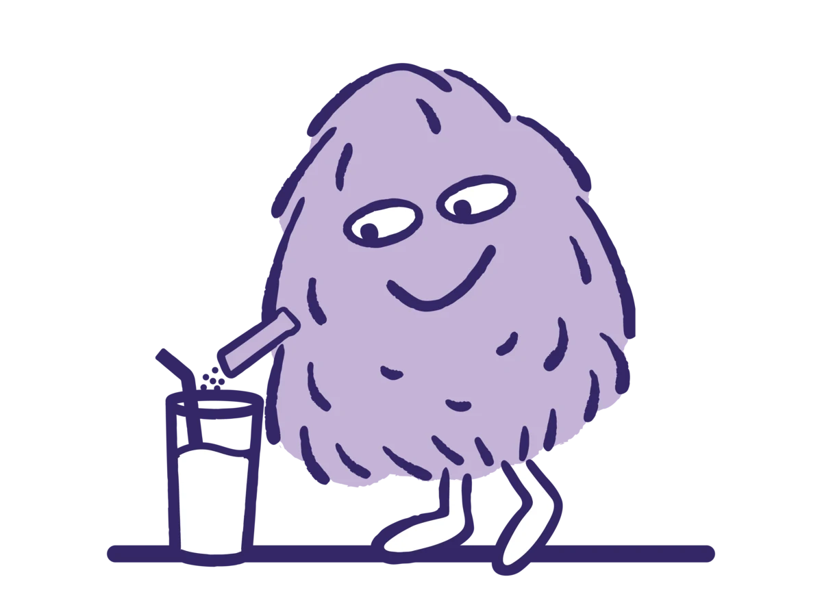 Illustration of the Winks mascot mixing a stick pack into a glass