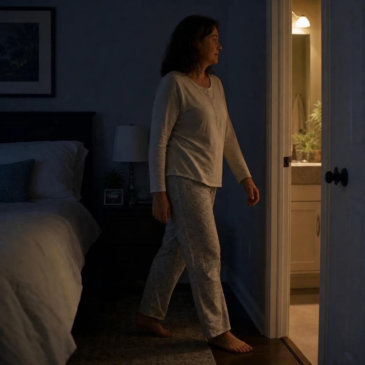 A woman walking from her dark bedroom toward a softly lit bathroom at night