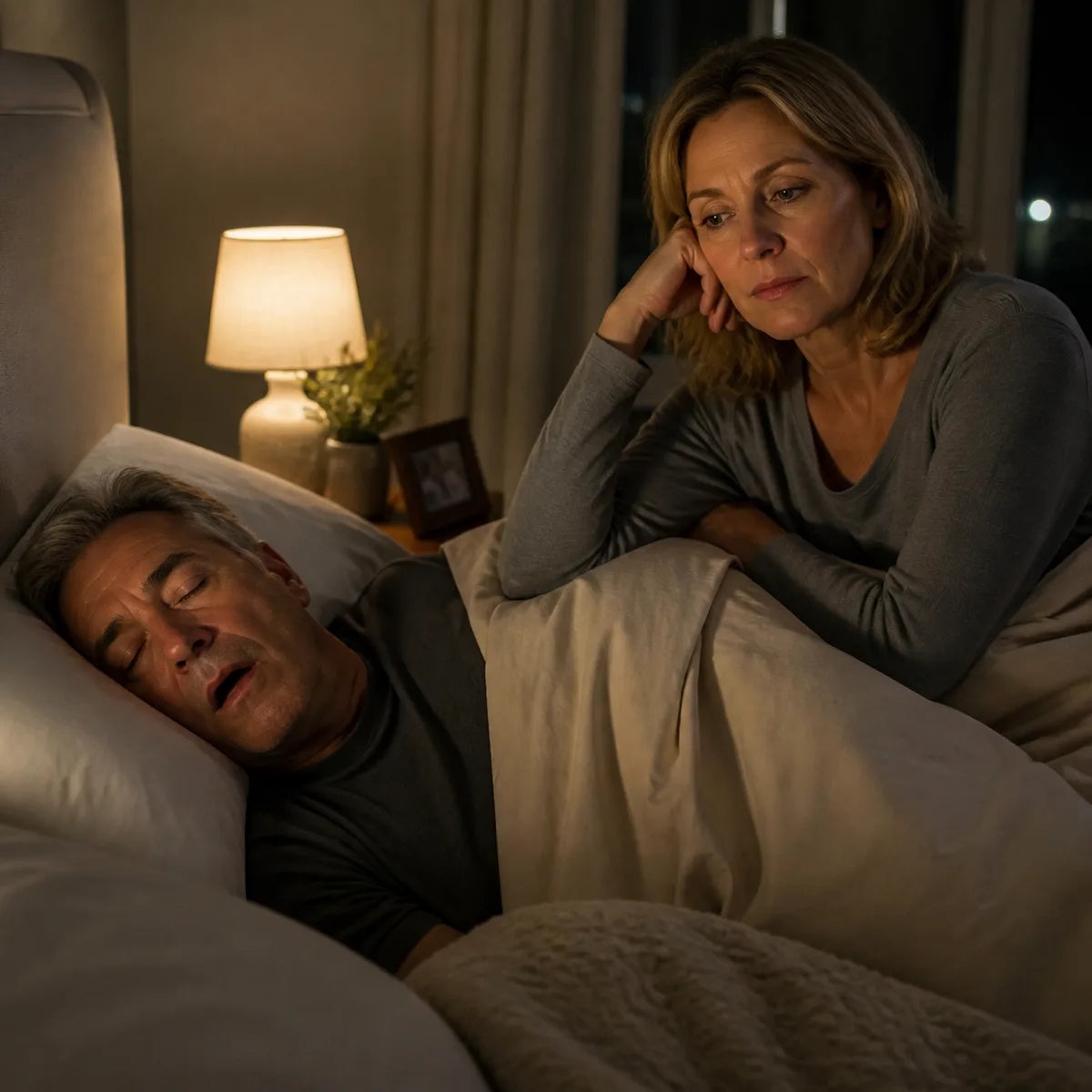 A woman awake beside her sleeping partner and noticing his breathing during the night