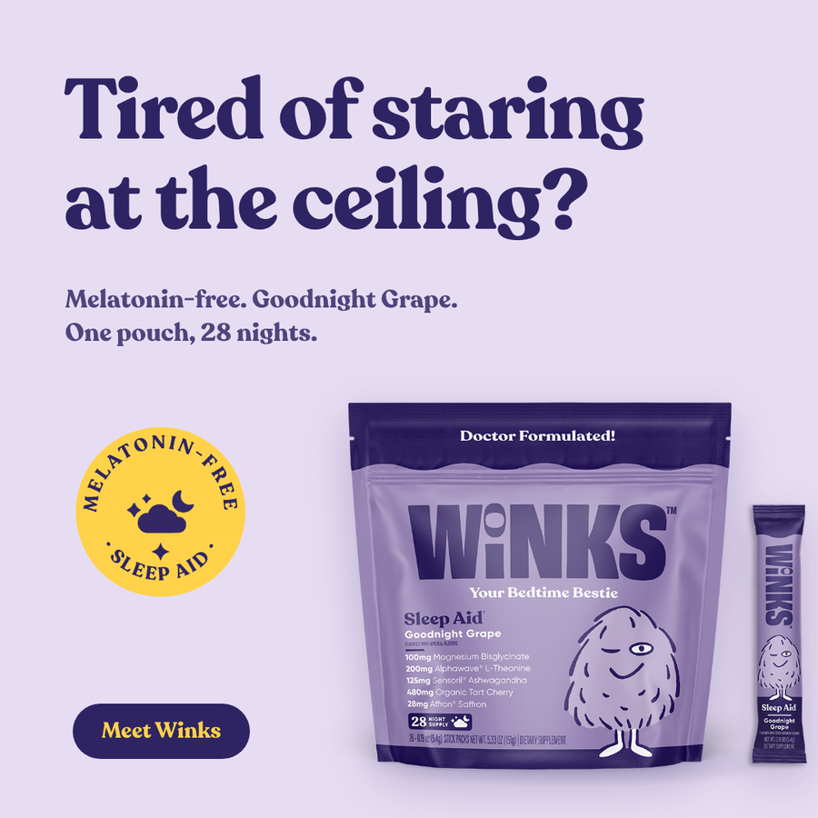 A Winks pouch and stick pack on a lilac background beside the line Melatonin-free, Goodnight Grape, one pouch, 28 nights