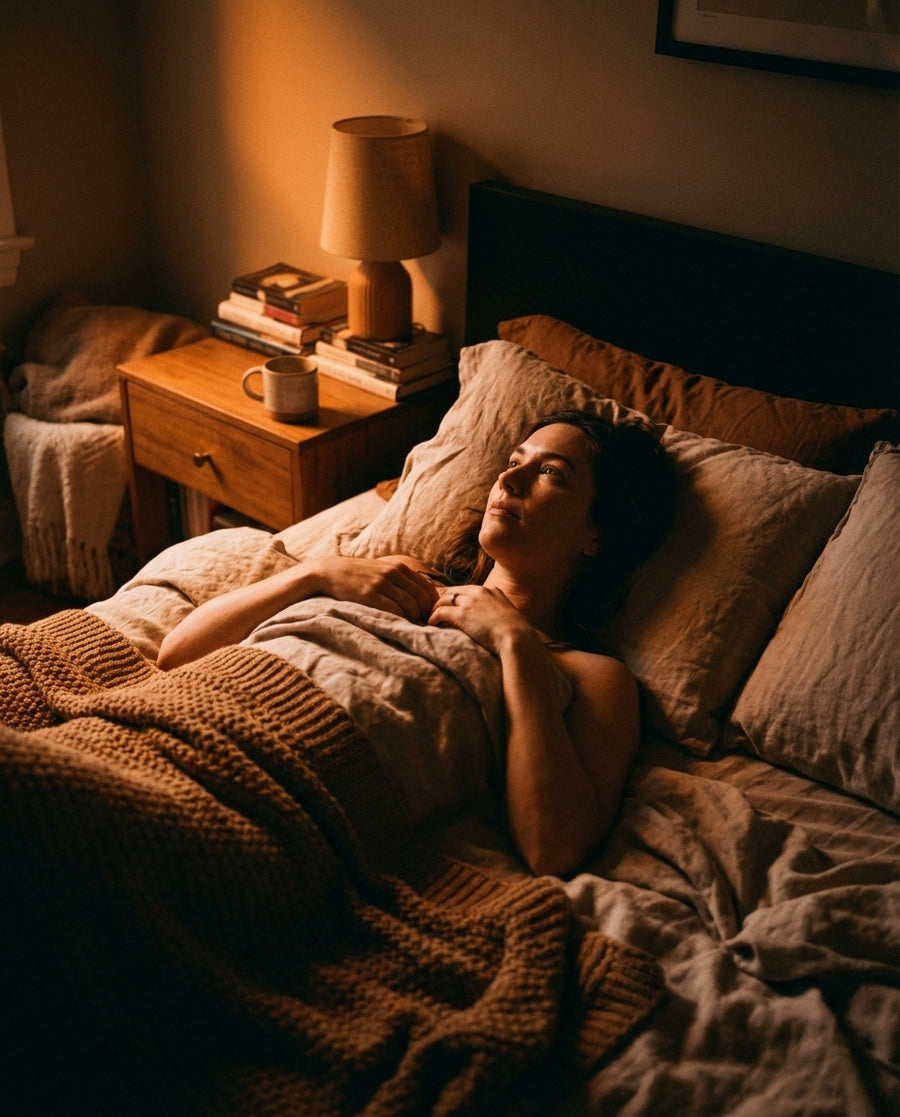 A woman lying awake in the dark, staring at the ceiling