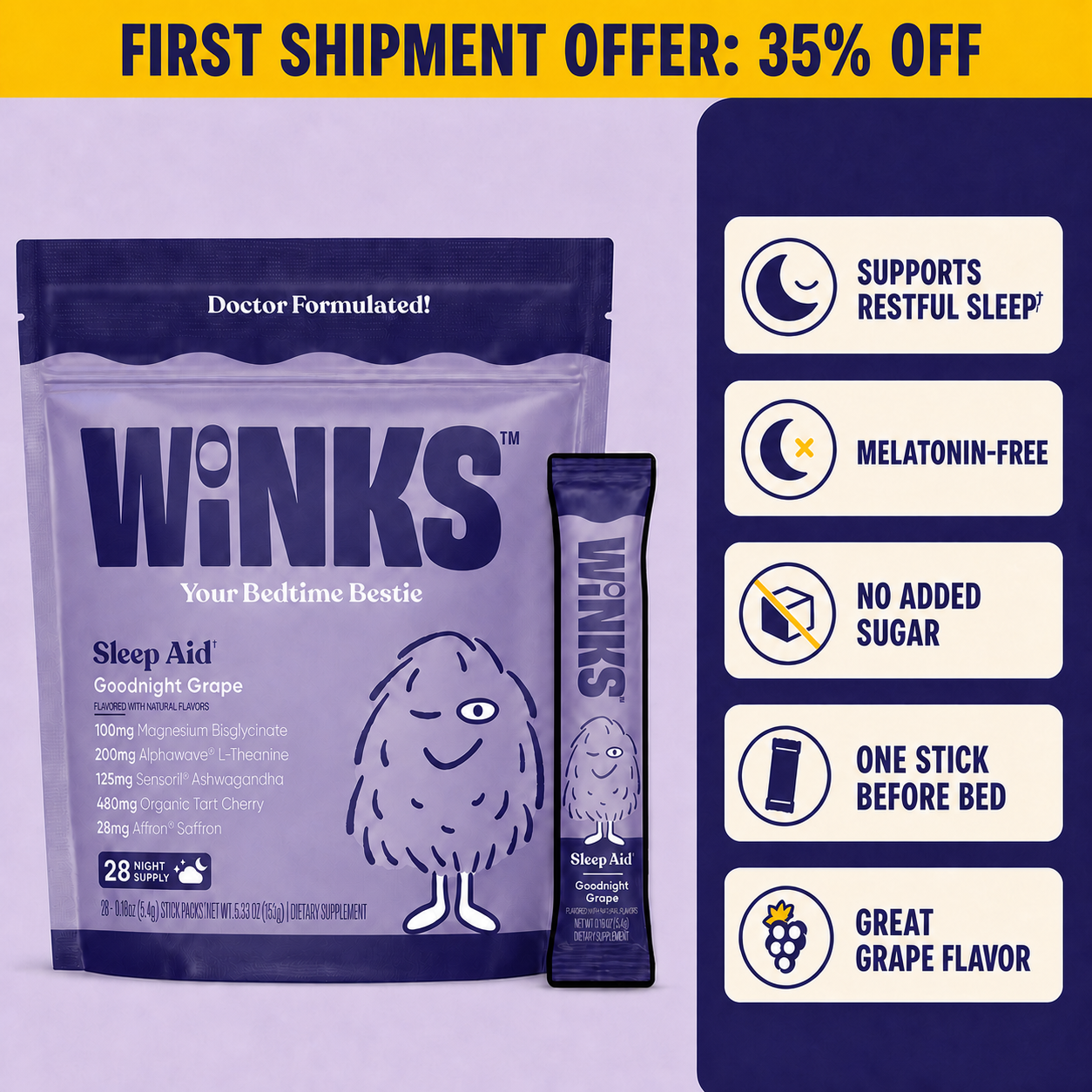 Winks gallery frame 1: 35% first-shipment offer, product, and five product benefits
