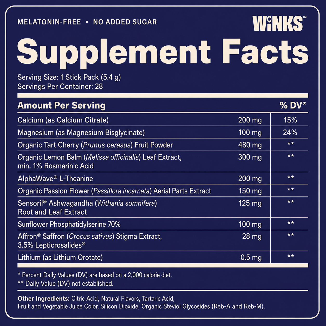 Winks gallery frame 2: Supplement Facts and melatonin-free, no-added-sugar callouts