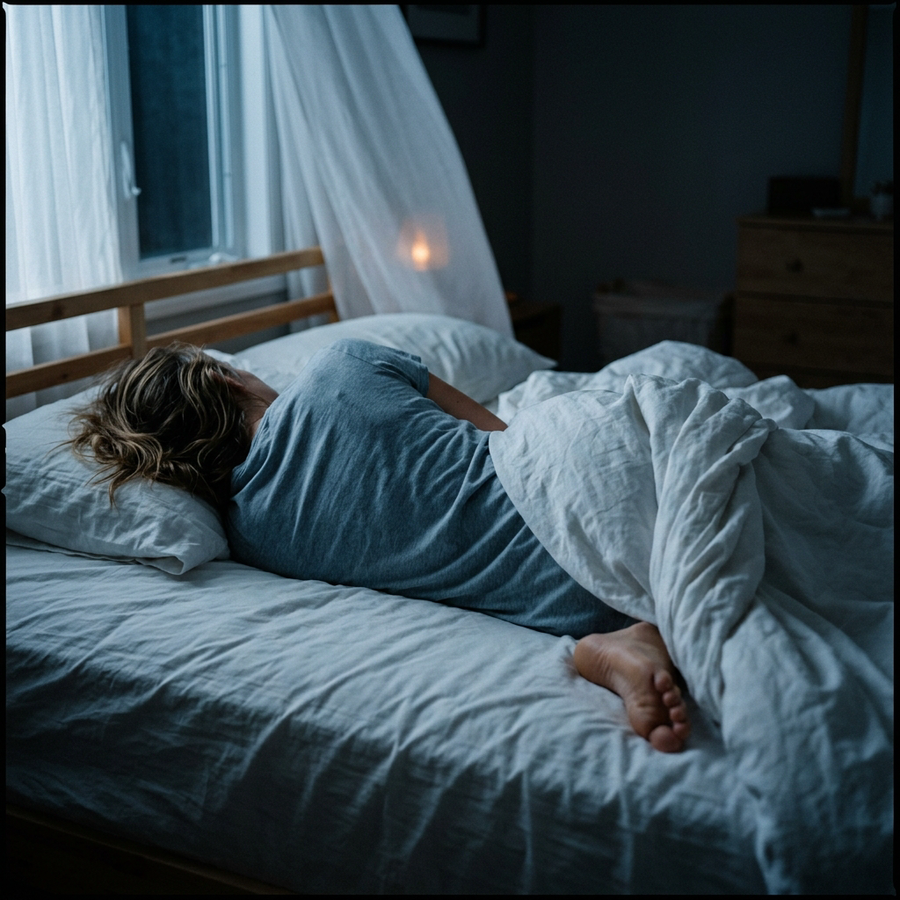 A woman asleep in the cool dark with the duvet pushed back and one foot outside the covers
