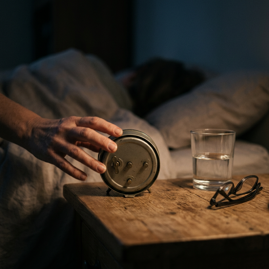 A hand withdrawing after turning a small bedside clock to face away from the bed