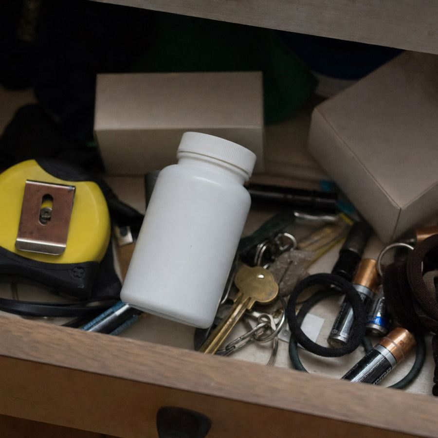 A junk drawer holding an unlabelled supplement bottle among keys, batteries and a tape measure