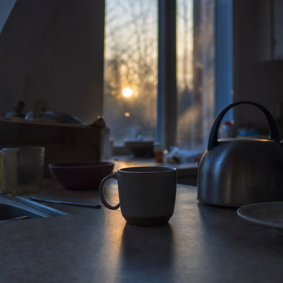A kitchen counter at sunrise with a mug and a kettle