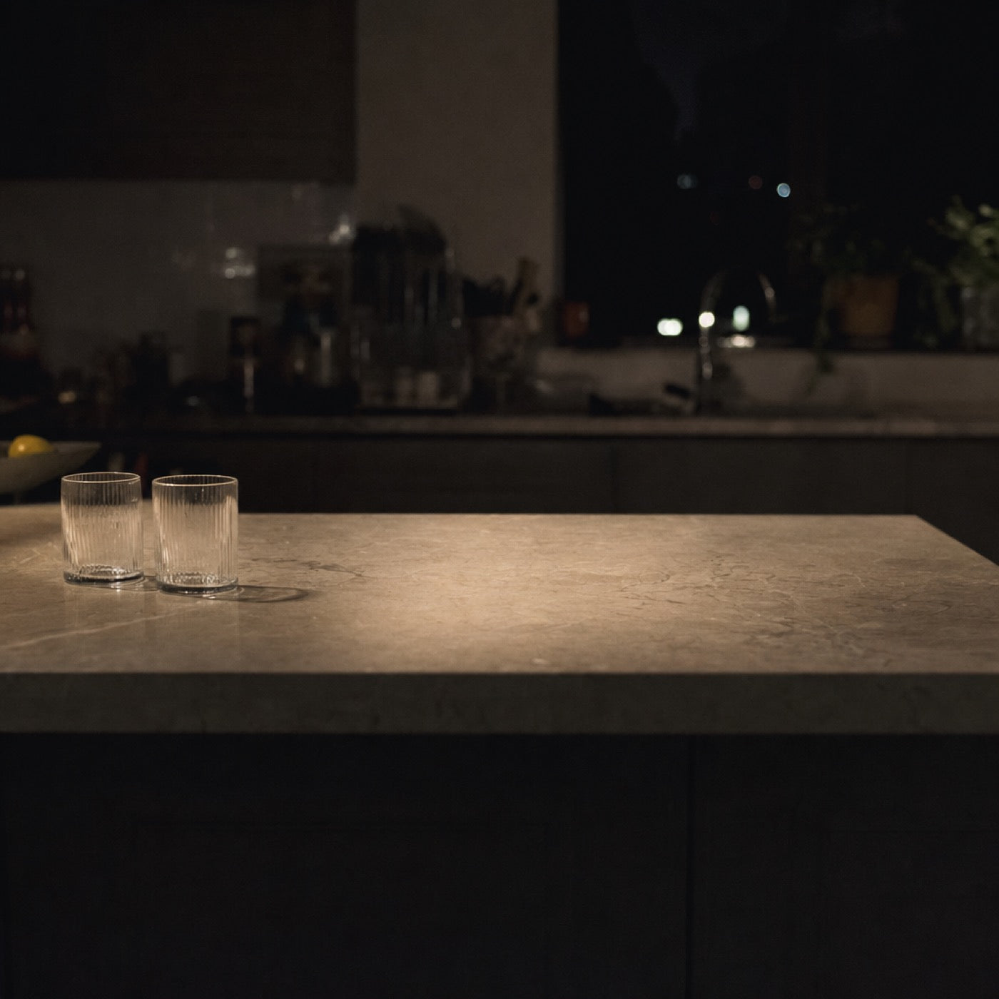 A night worktop with a clear space where a canister would stand