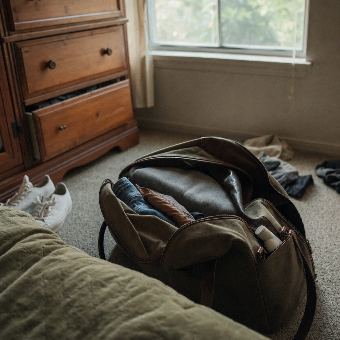 A half-unpacked weekender bag, a small unlabelled bottle in the side pocket