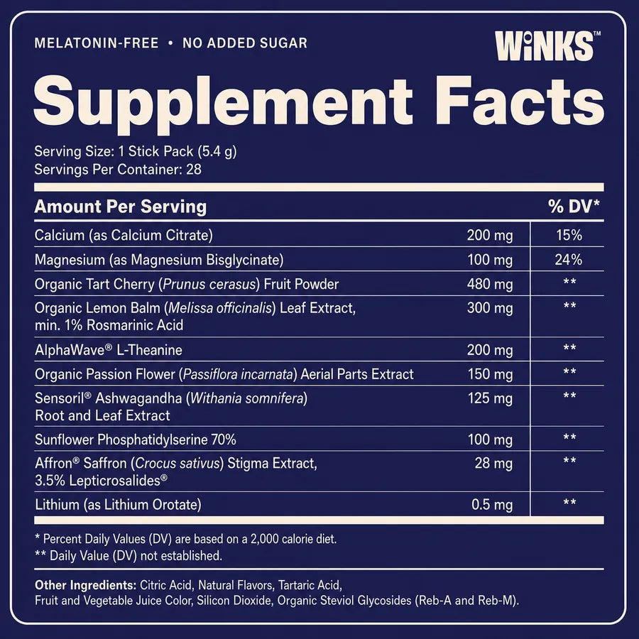 Winks Supplement Facts with ingredient amounts per serving