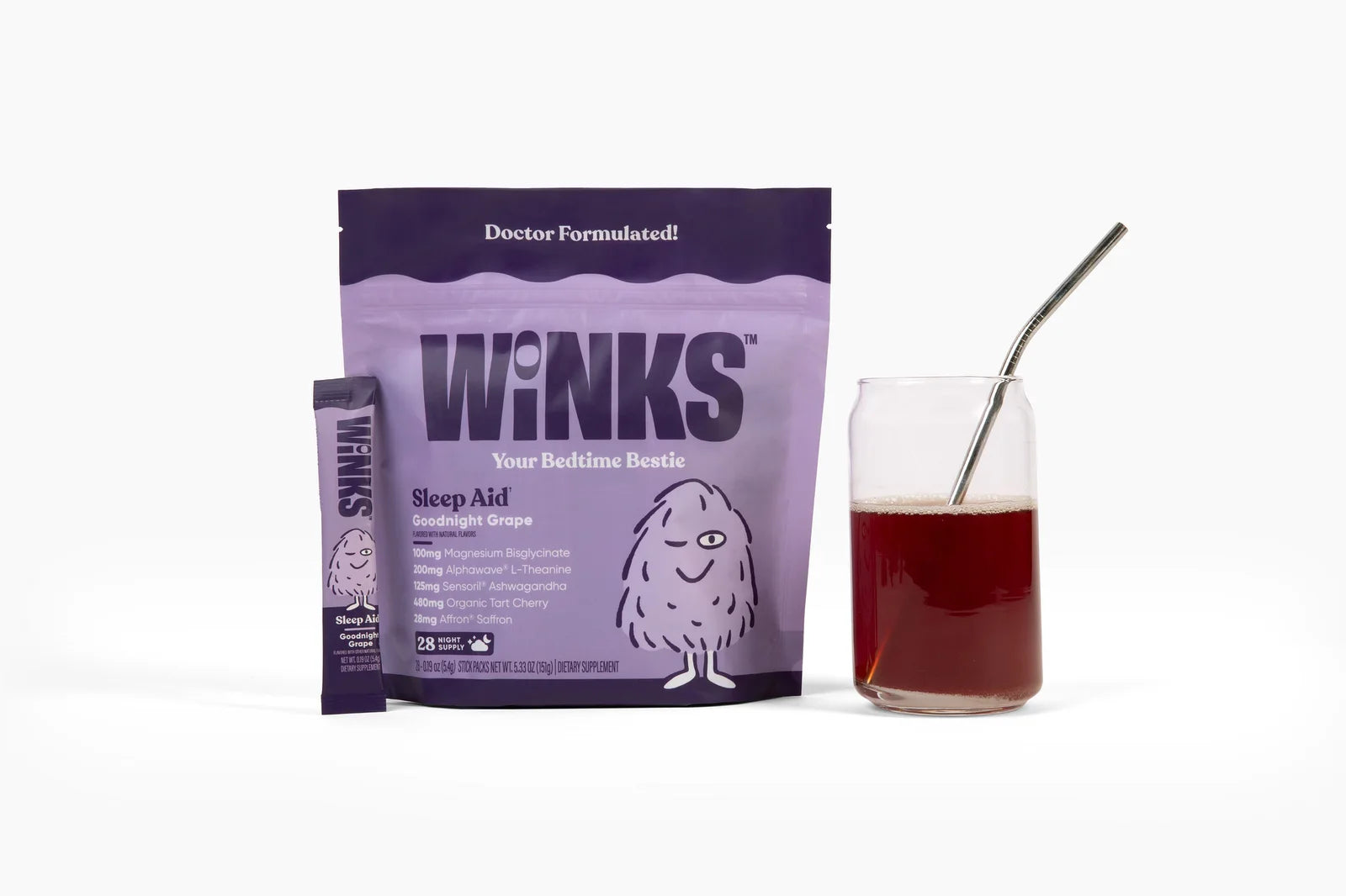 Real studio photograph of a Winks Goodnight Grape pouch with a prepared glass