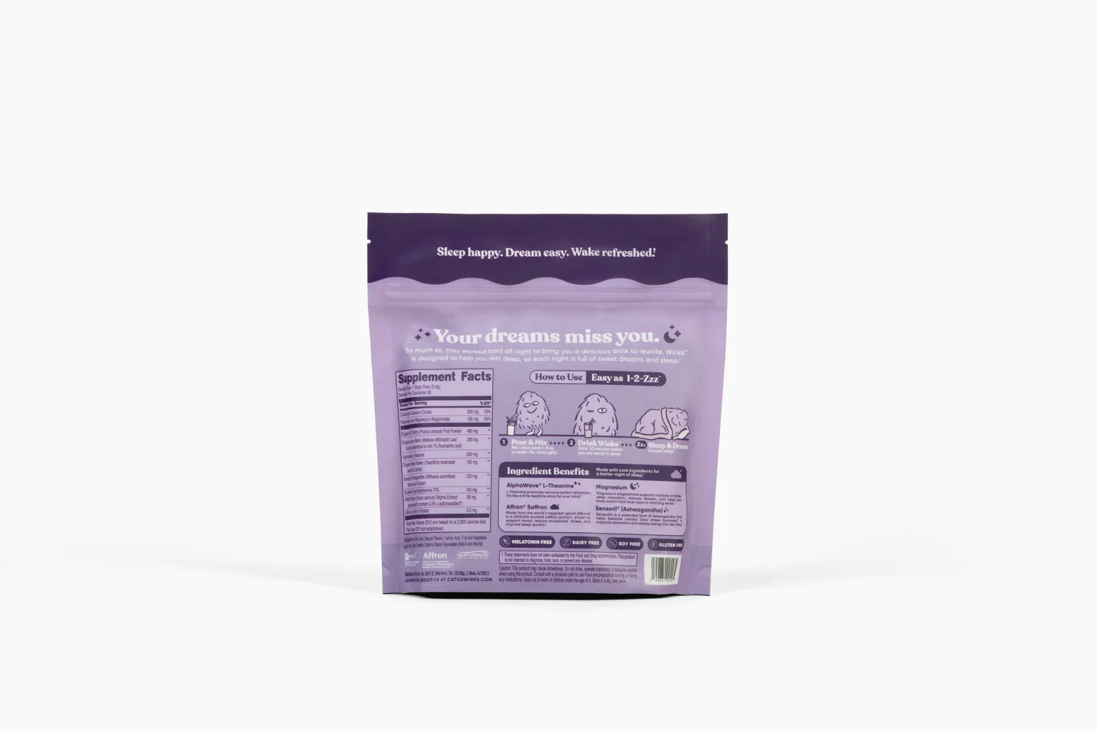 Real Soona studio photograph showing the ingredient amounts printed on the Winks pouch