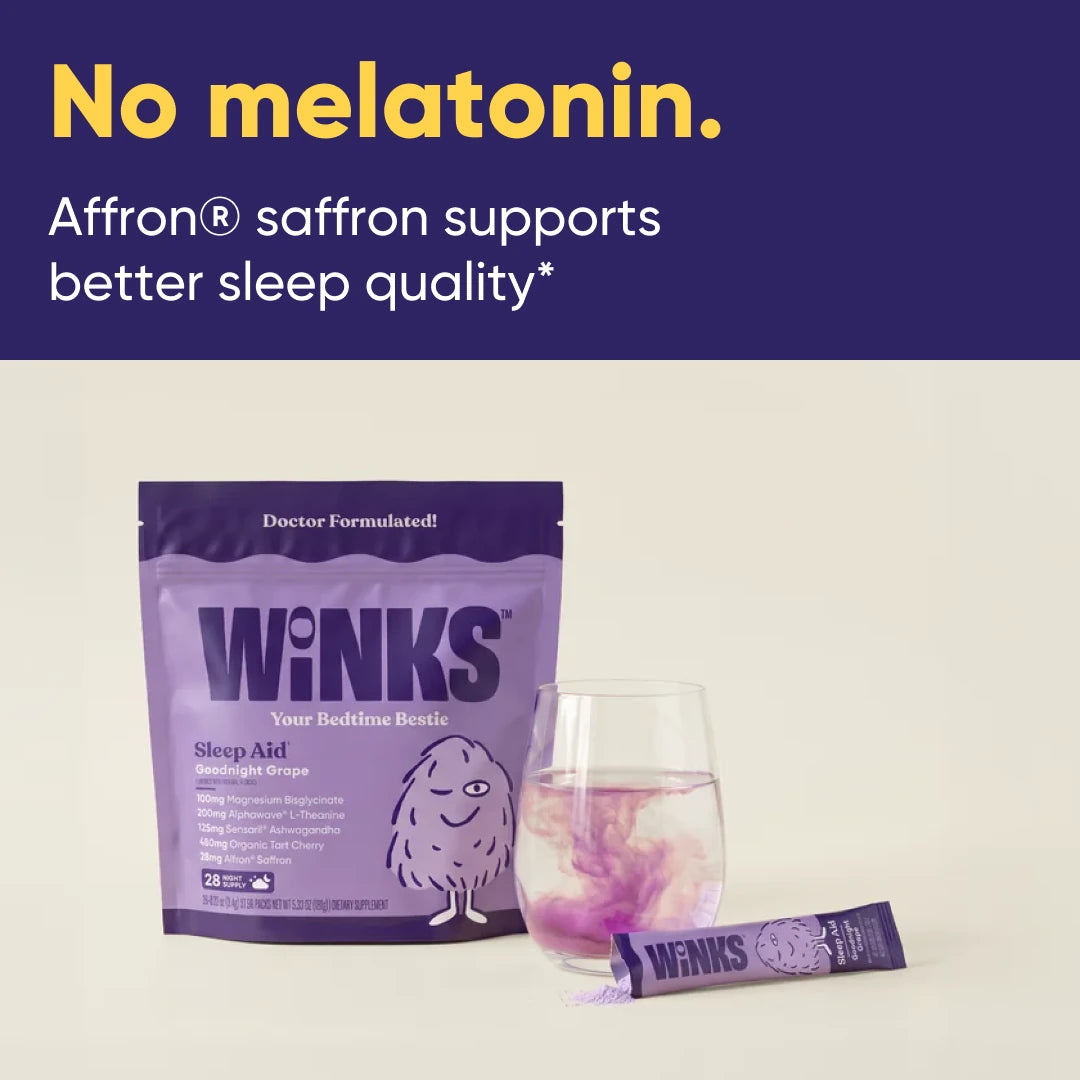 Winks pouch, stick and prepared drink on a neutral background. No melatonin. Affron® saffron supports better sleep quality; studies tested the ingredient separately, not Winks.