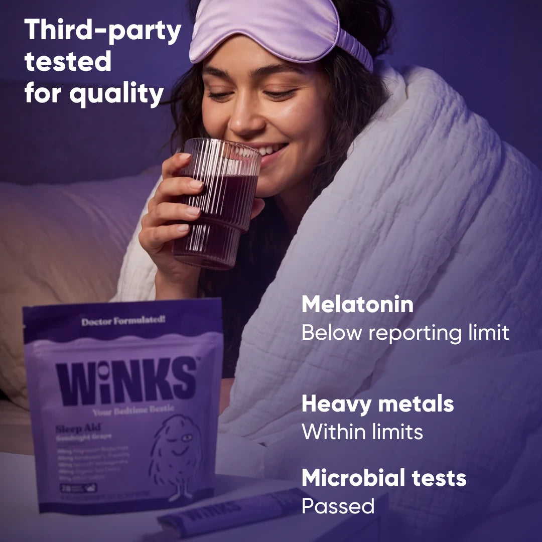 Quality tests for lot 2521665: melatonin below Eurofins reporting limit; heavy metals within limits and microbial tests passed on the Catalyst certificate of analysis.
