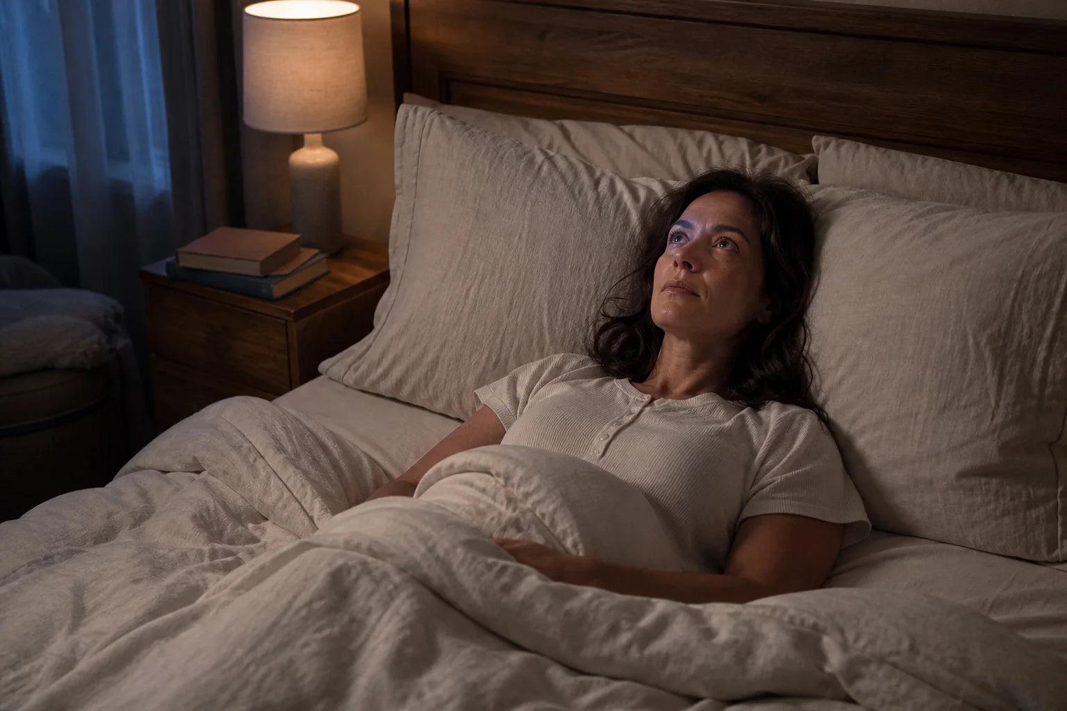 A woman awake in bed at night, looking toward the ceiling