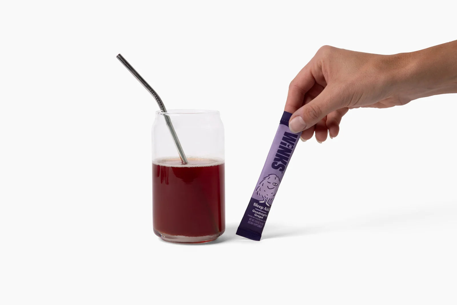 A real Winks photoshoot scene with a stick pack and prepared drink
