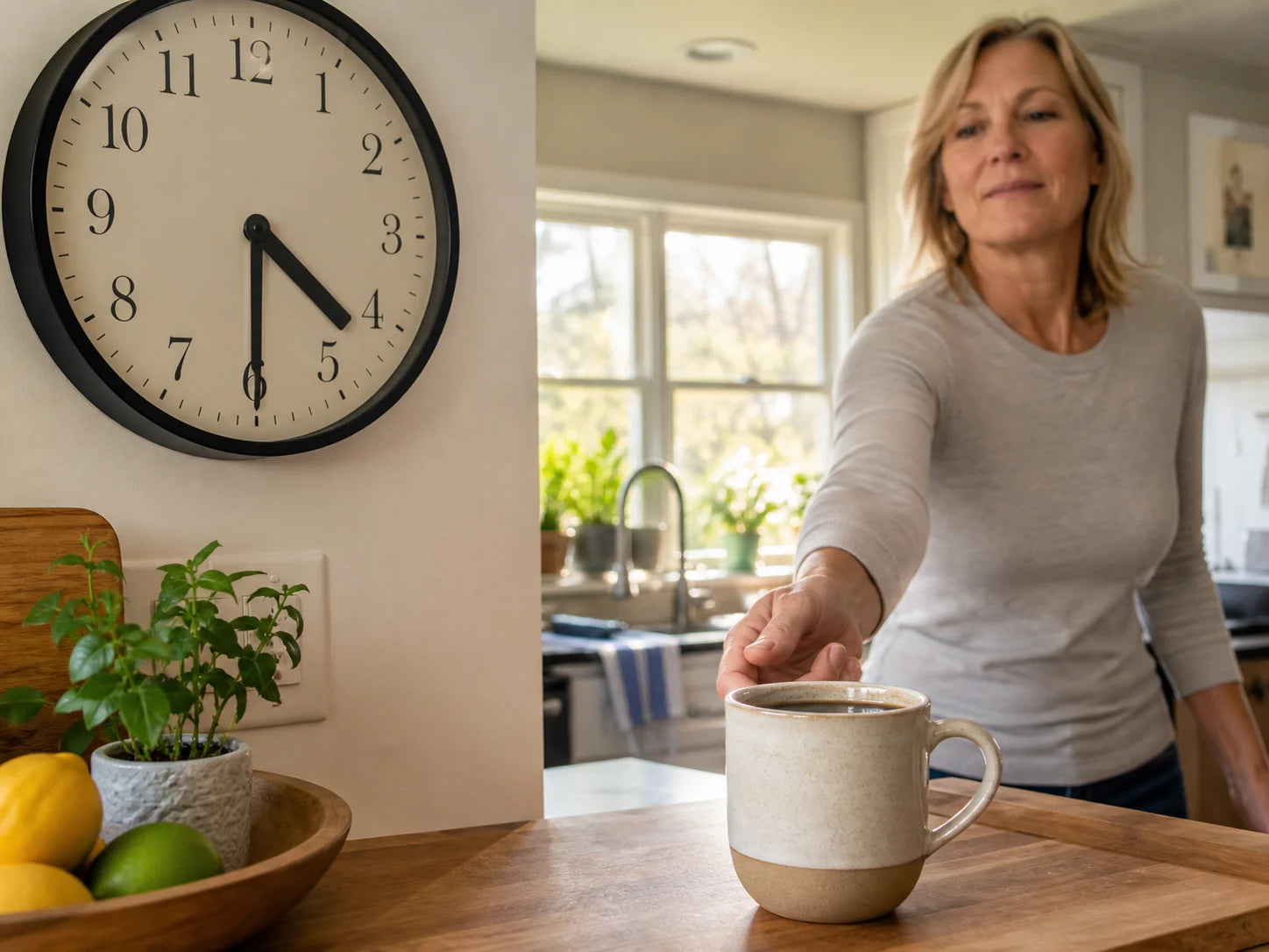 A bright kitchen with a clock showing late afternoon and a woman reaching for a coffee mug