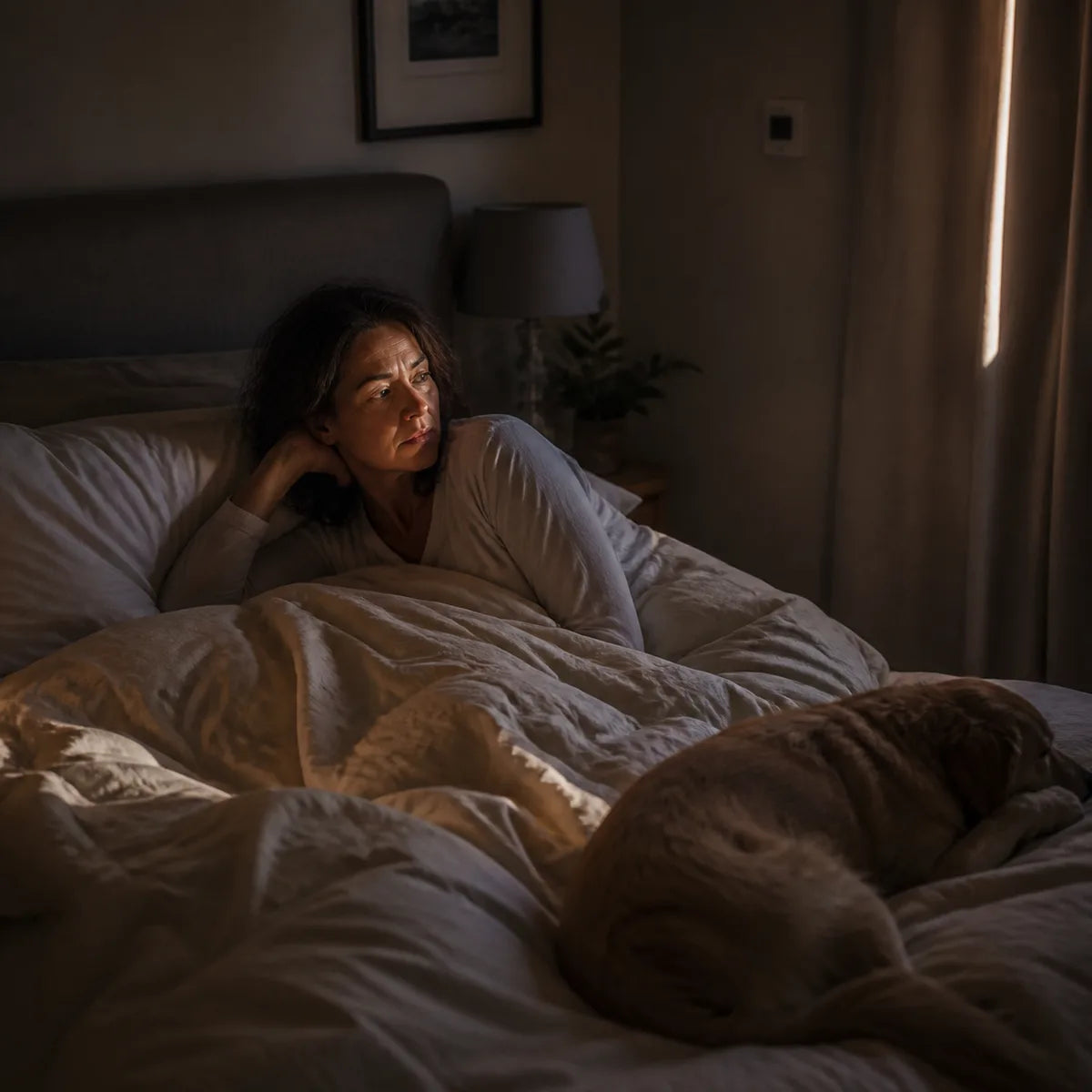 A woman stirred awake by her dog moving at the foot of the bed and light entering through the curtains